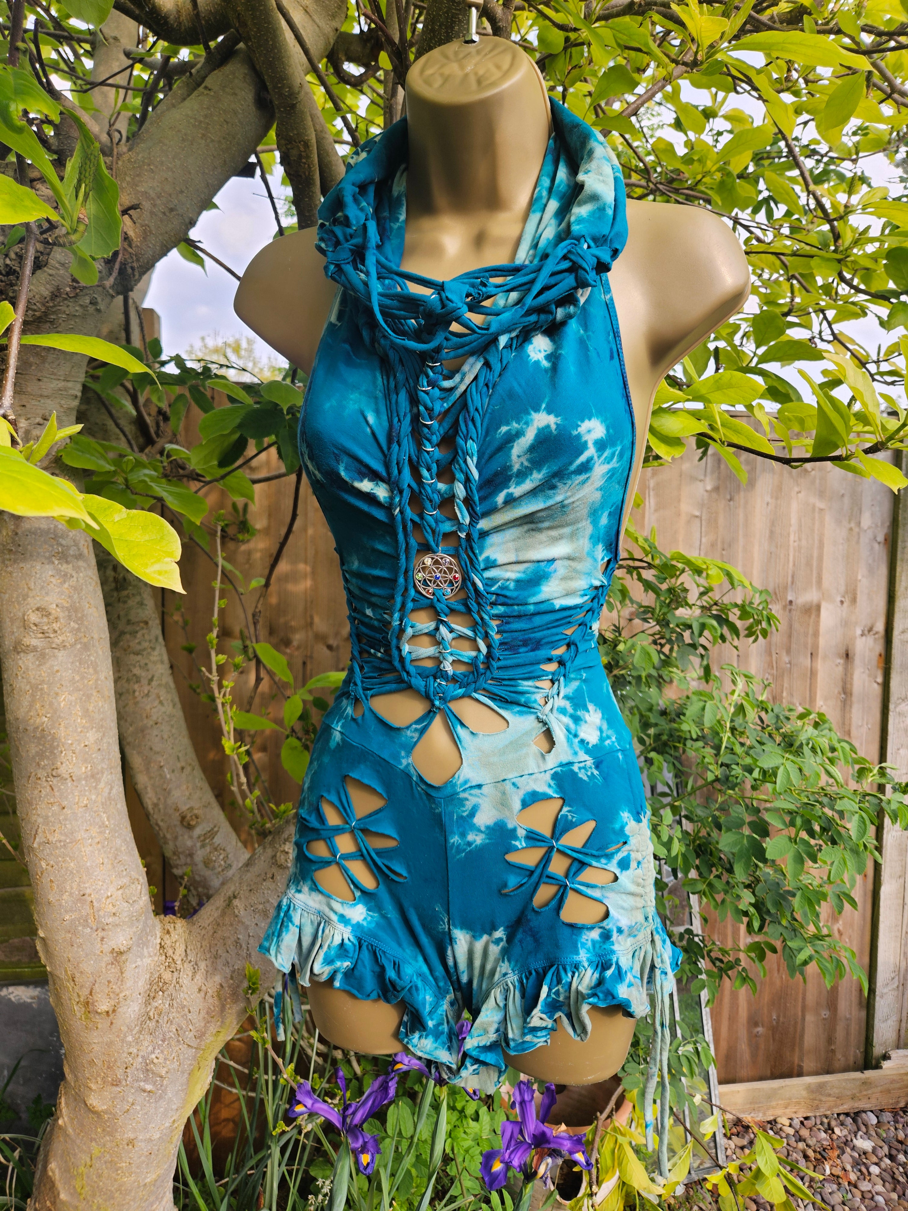 Woven Cowl Bodysuit - Small - Blue Tie Dye with Silver Details
