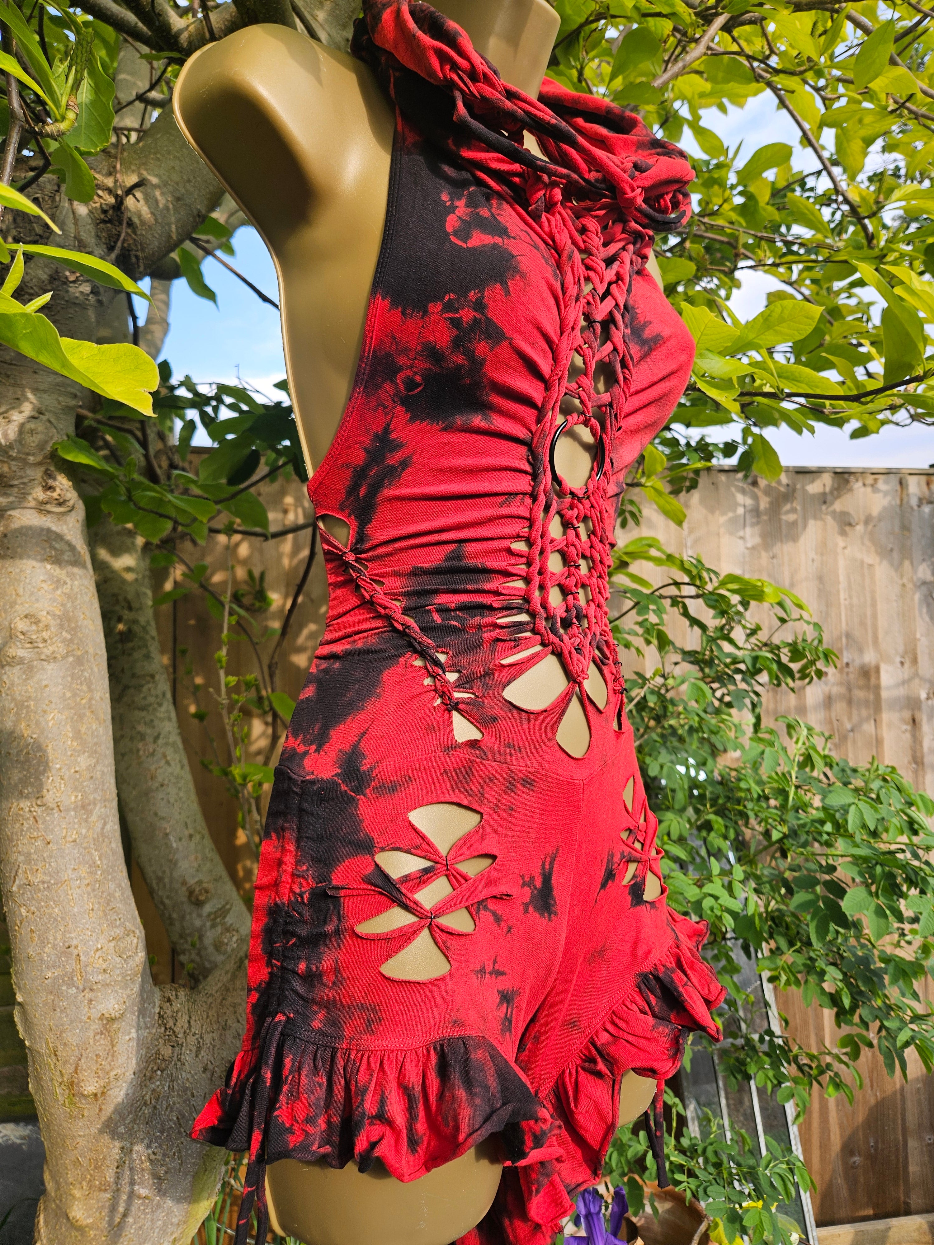 Woven Cowl Bodysuit - Small - Red Tie Dye with Black Details