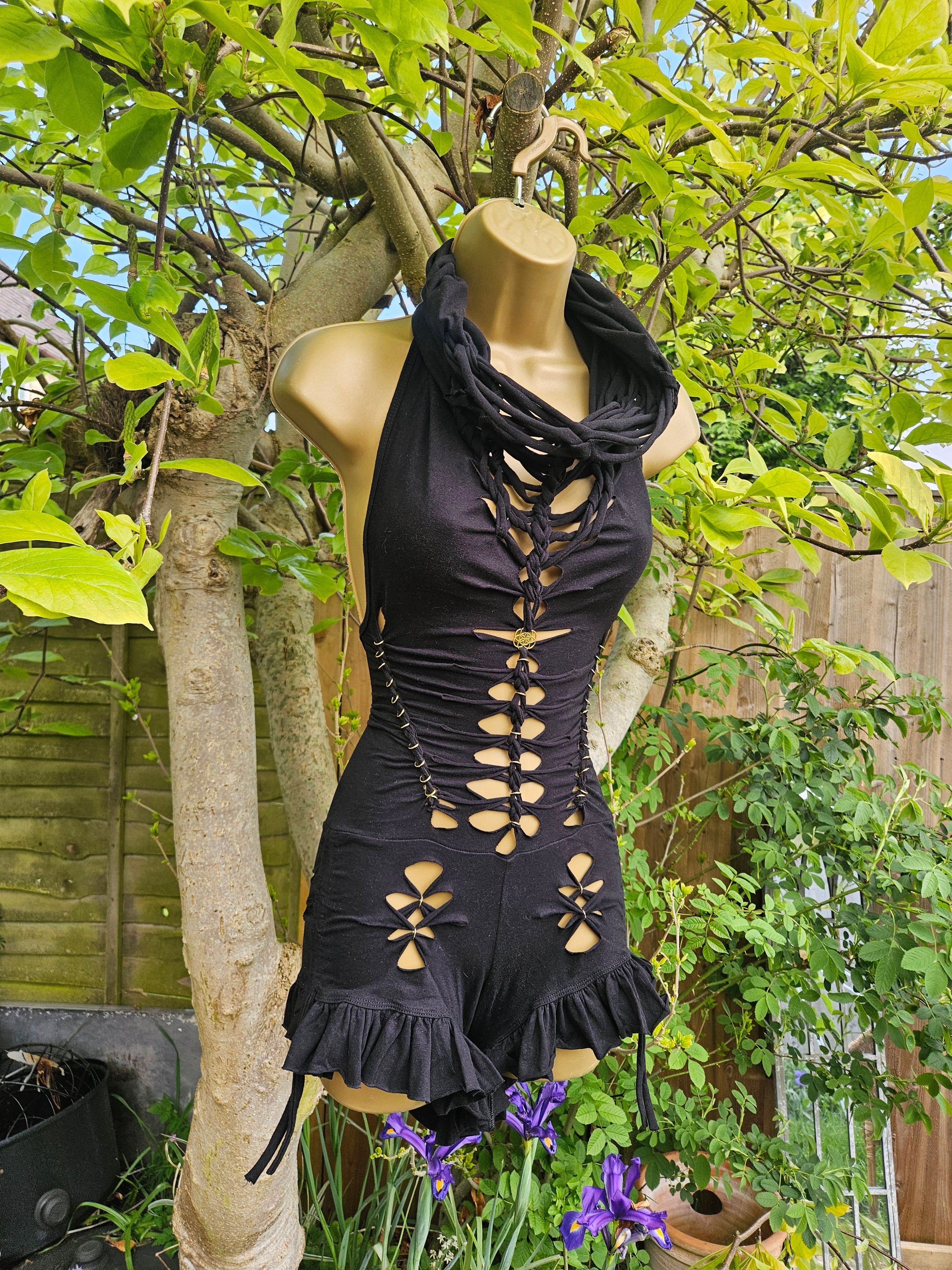 Woven Cowl Bodysuit - Small - Black with Gold Details