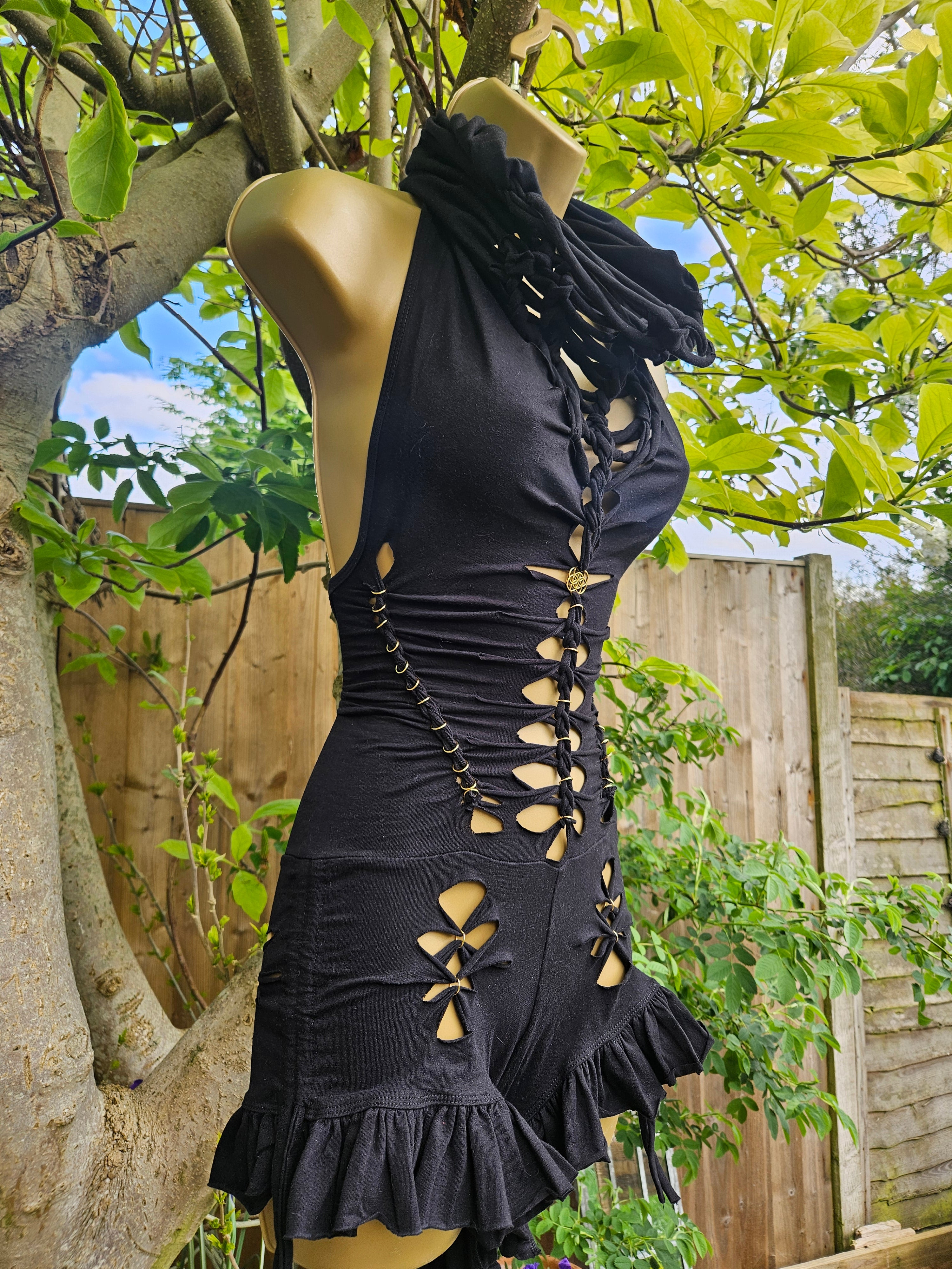 Woven Cowl Bodysuit - Small - Black with Gold Details