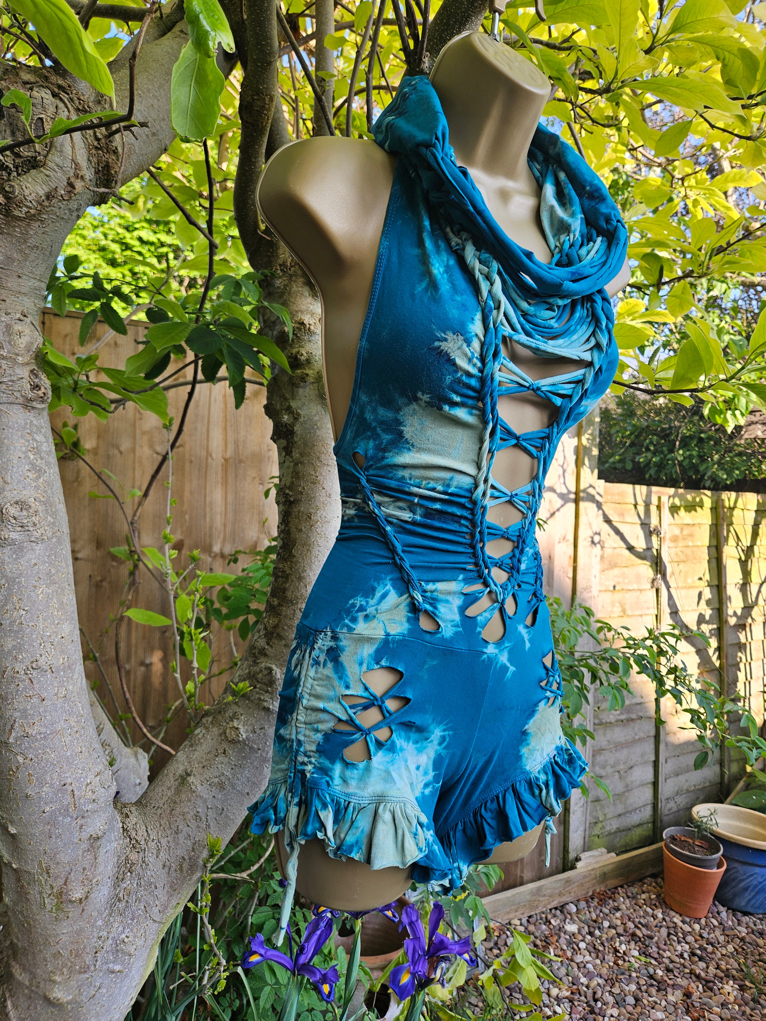 Woven Cowl Bodysuit - Small - Blue Tie Dye