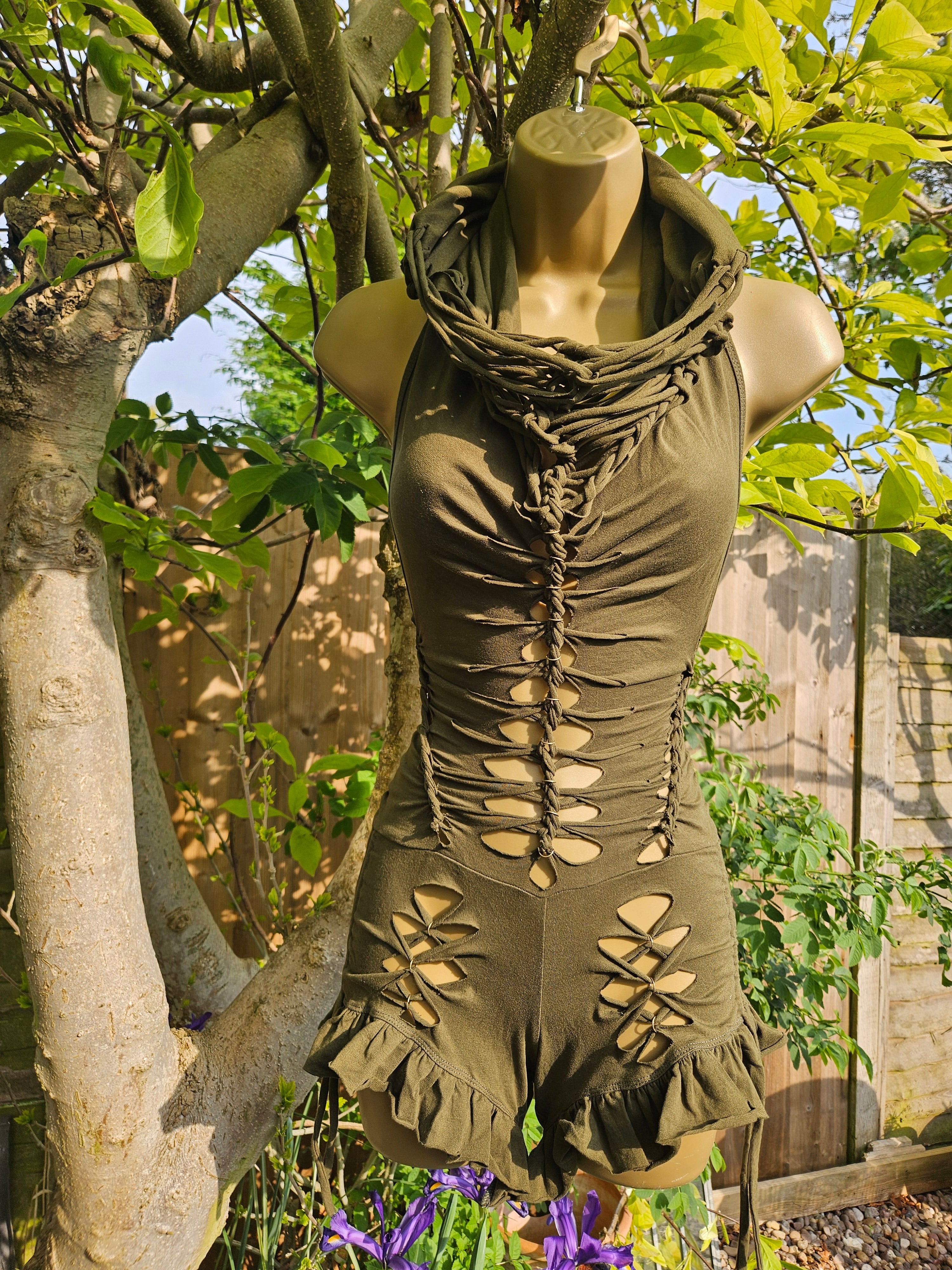 Woven Cowl Bodysuit - Small - Khaki with Brass Details