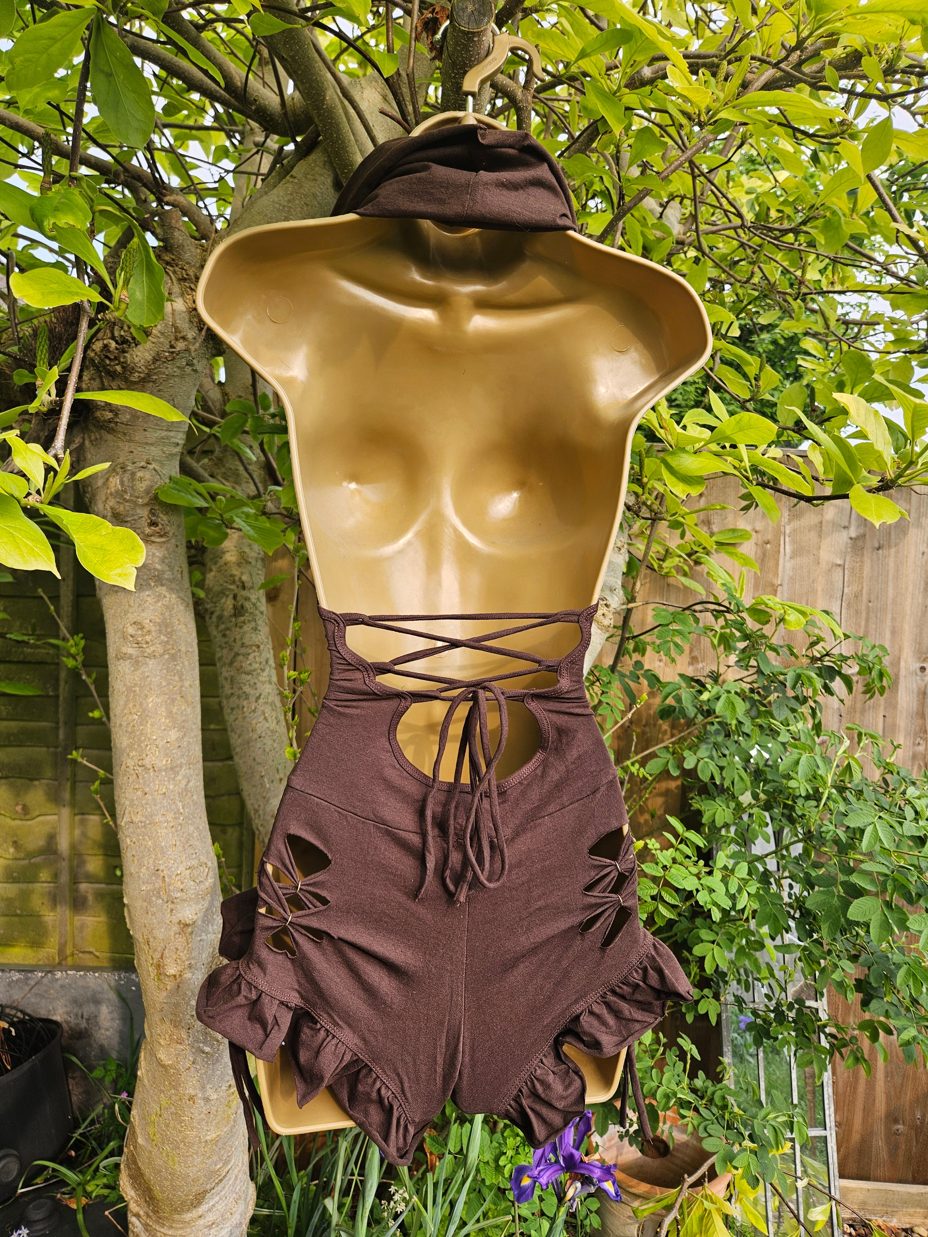 Woven Cowl Bodysuit - Small - Brown with Brass Details