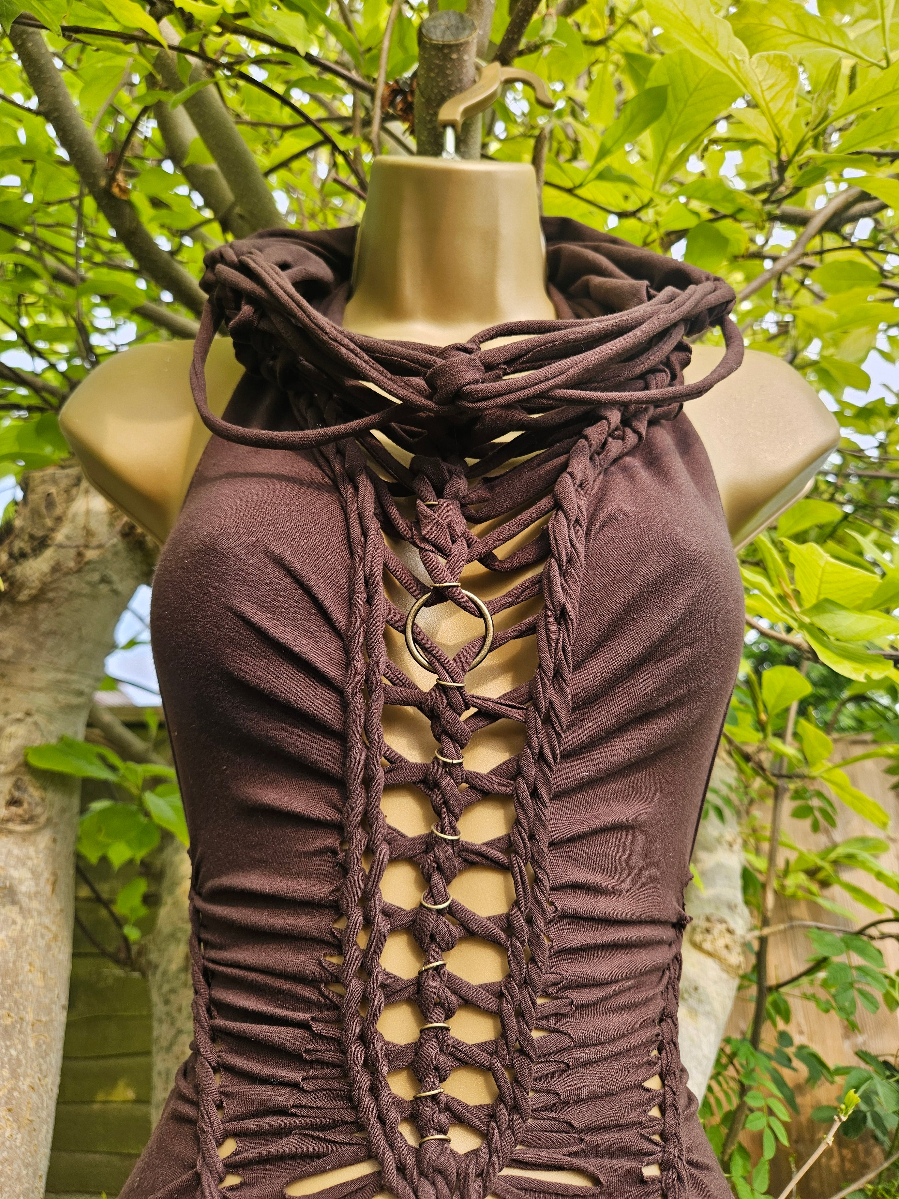 Woven Cowl Bodysuit - Small - Brown with Brass Details