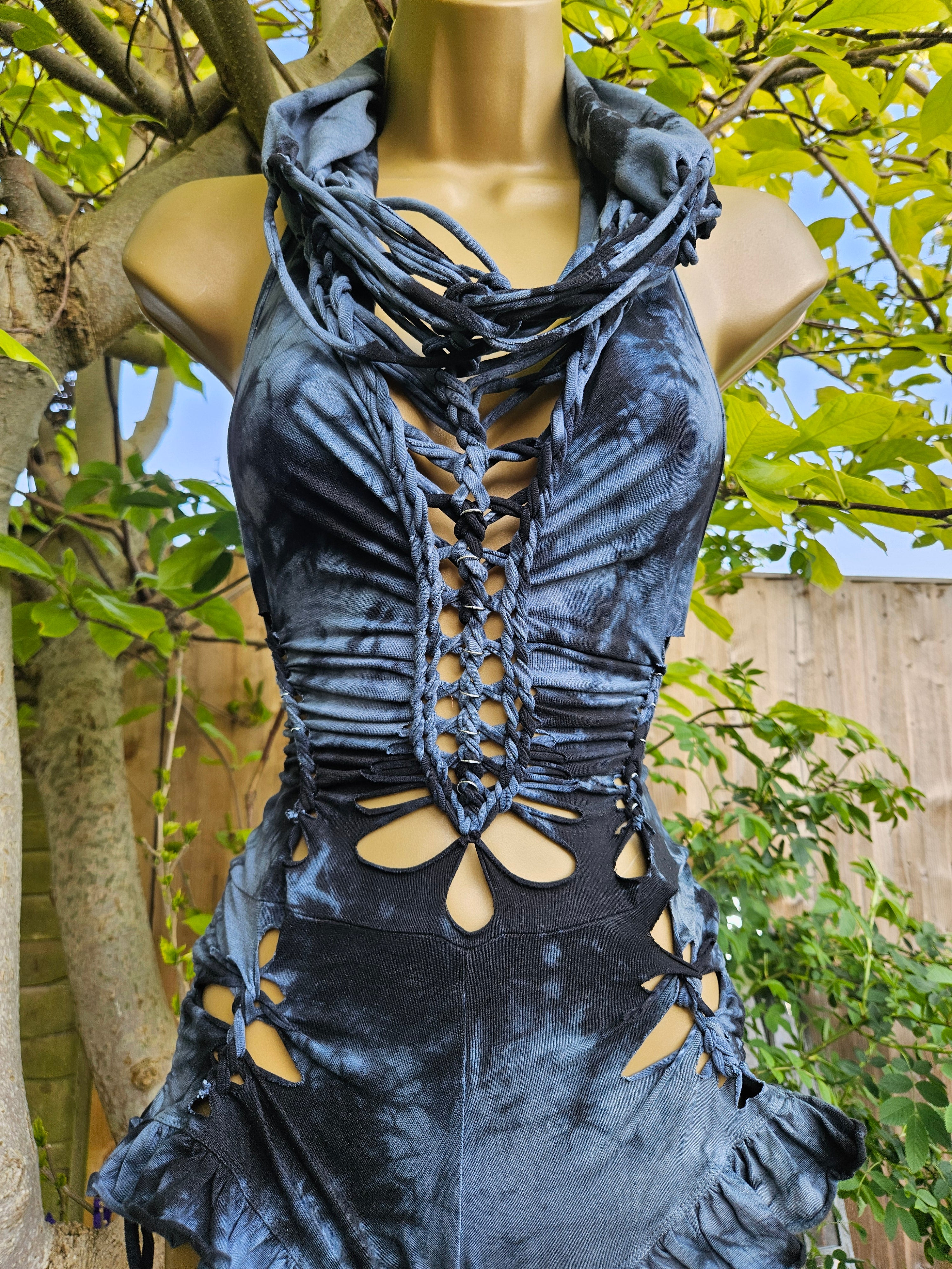 Woven Cowl Bodysuit - Medium - Grey Tie Dye with Silver Details