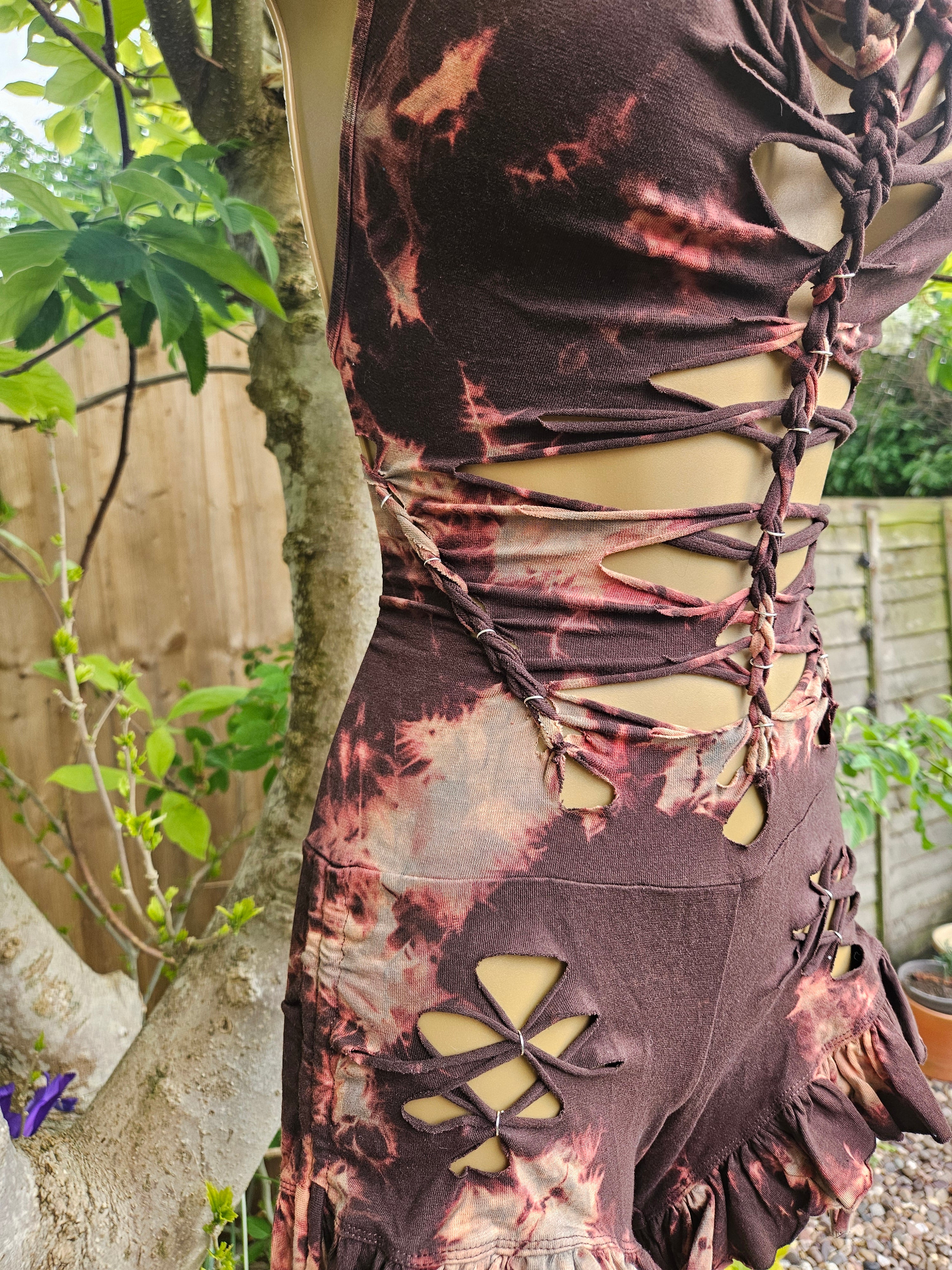 Woven Cowl Bodysuit - Small - Brown Tie Dye with Silver Details